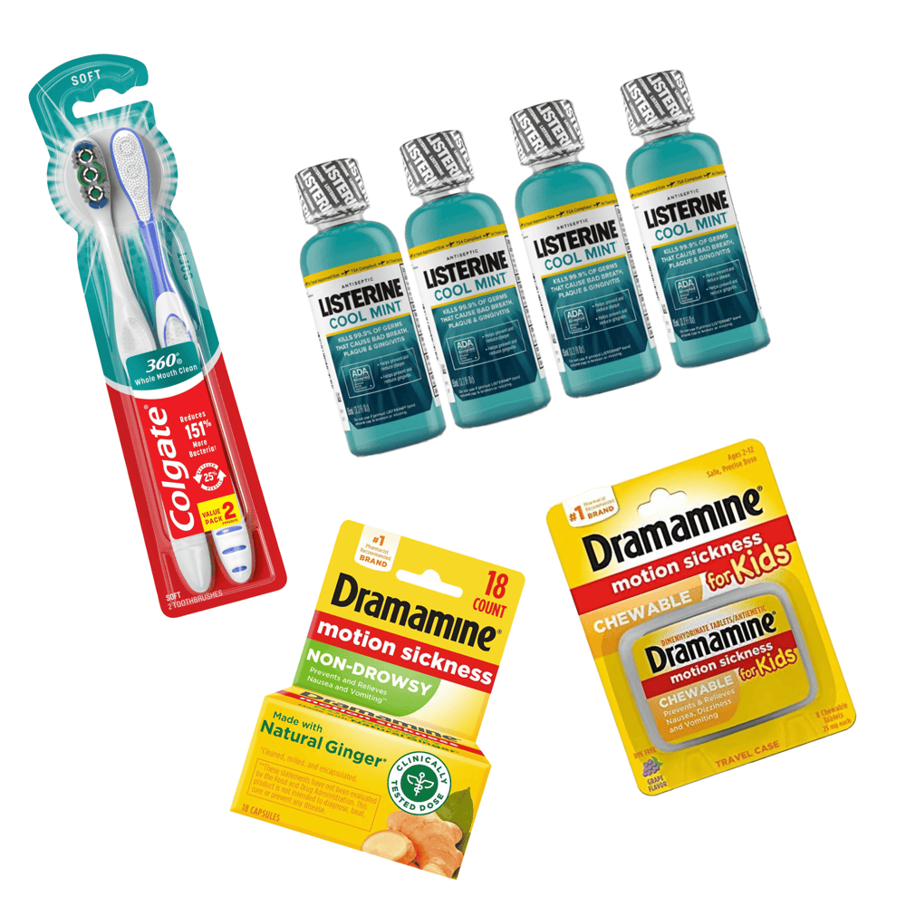 Composite image of a Colgate toothbrush, 4 bottles of listerine, and 2 packages of Dromamine; 1 for adults and 1 for children.